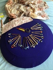 Lacemaking Bundle, Pillow, Bag, 24 Wooden Spangled Bobbins, Tools & Accessories