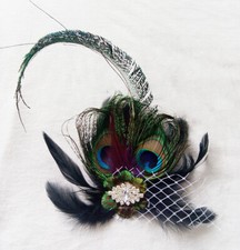 Fascinator Hair Clip Wedding Party Vintage Headpiece Royal Blue Peacock Feather