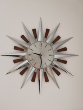 Metamec Sunburst Wall Clock Chrome Teak Wood, Vintage 1960s/70s