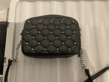 REBECCA MINKOFF Diamond Quilt Studded Top Zip Crossbody Bag Black Vegan