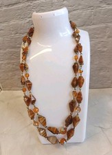 Vintage Double Strand Necklace Natural Brown Stone and Glass Beads 18 in VGC