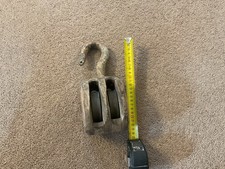 Large Vintage Wooden Double Pulley Block & wooden Wheels & Label