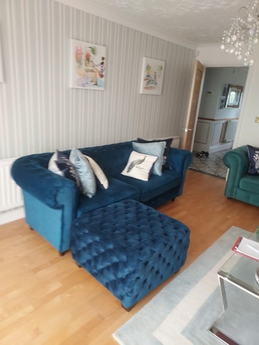 Blue sofa with pouffe - sofa, and