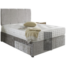 SILVER CRUSHED VELVET DIVAN BED SET + MEMORY COLLECTION MATTRESS + 24" HEADBOARD