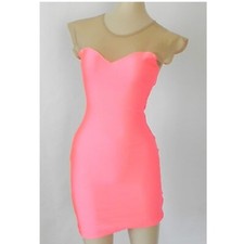 NEW AMERICAN APPAREL NEON PINK BODYCON DRESS NUDE SHEER XS TUBE BARBIE ELASTIC