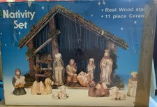 BOXED LARGE NATIVITY SET, CERAMIC FIGURES AND REAL WOOD STABLE