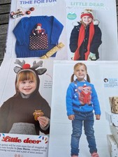 4 Knitting Patterns Childrens Christmas Jumpers & Hat & Scarf Deer, Clanger Elf