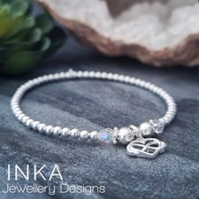 925 Sterling Silver stretch beaded Bracelet with HEART charm & CRYSTAL By INKA