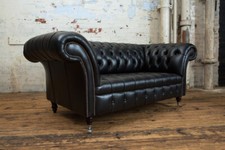 CLASSIC HANDMADE 2 SEATER VINTAGE BLACK ANILINE LEATHER CHESTERFIELD SOFA