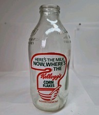 Vintage 1980s Unigate Kellogg’s Cornflakes advertising glass milk bottle 1 pint