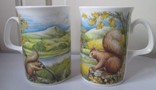 2 Squirrel Fine Bone China Mugs Acorn Sycamore Tree Countryside Very Good Cond.