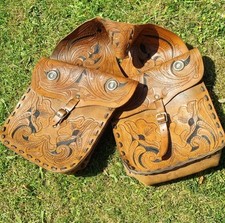 Vintage Tooled Leather Saddle Bags, Western Horse, Embossed Design Hand Stitched