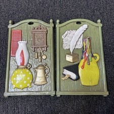 MCM Vintage Plaster Hand painted Kitchen Wall Plaque Set of 2