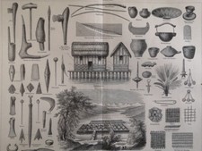 1890 ARCHEOLOGY Bronze Stone Age Artefacts Axes Engraving Illustration C14-7