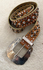 Designer NANNI Stone Studded Leather Belt Size 38/95 Made In Italy Camel Brown