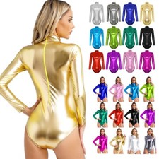 UK Women Shiny Metallic Bodysuit Mock Neck Long Sleeves Dance Leotard Clubwear