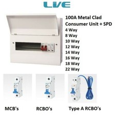 Live Electrical 100A Metal Clad Consumer Unit + SPD choose MCB's or 'A' RCBO's