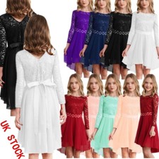 UK Girls Floral Lace Chiffon High-Low Long Sleeve Pageant Birthday Party Dress