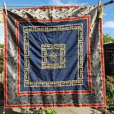Asian table cover, gold embroidered strong fabric Greek Key, tassels 44"