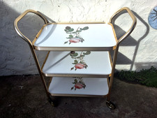 VINTAGE GOLD METAL FLORAL PATTERN 3-TIER HOSTESS DRINKS SERVING COCKTAIL TROLLEY