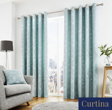 Sagano Duck Egg Bamboo Leaf Lined Eyelet Curtains by Curtina 66x54"