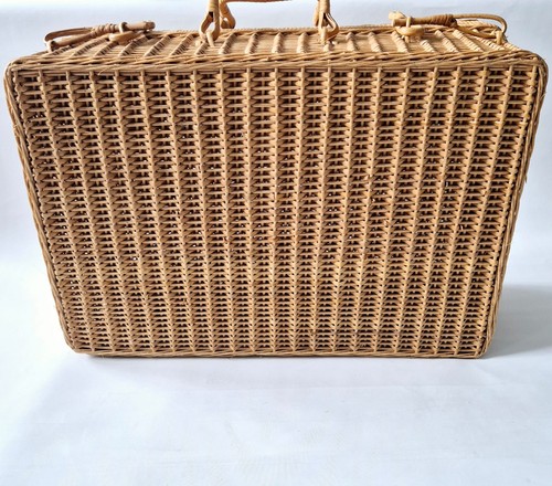 Vintage woven wicker suitcase - woven,