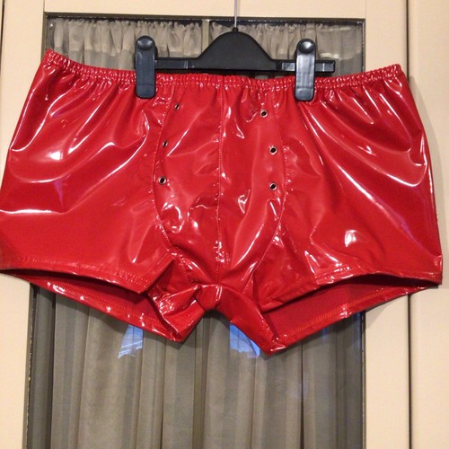 Mens shiny red pvc shorts - mens,