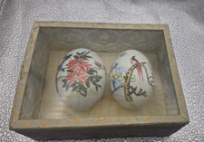 Pair of Chinese hand painted eggs in display box - ONE EGG CRACKED