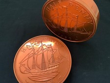 2 x HALF PENNY metal biscuit tins : modern : 1953 : shortbread tin