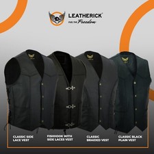 Men Classic Black Biker Style Genuine Leather Motorcycle Waistcoat Cut Off Vests