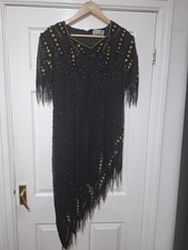 Stunning Vintage Back and gold asymmetric beaded embellished fringed dress 12 