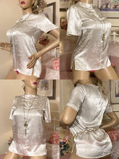 VINTAGE LIQUID Floral SATIN Sexy Secretary GOVERNESS Mistress Top Cami BLOUSE