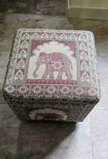 Reupholstered Elephant Tapestry Footstool Beige Burgundy Fabric Ottoman 36x36cm 