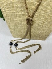 Long Gold Tone Necklace Mesh Chain Black Glass Bead Tassel Lariat 1266