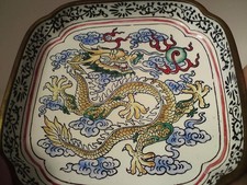 Chinese Dragon flaming pearl Canton enamel on copper gilt Cloisonne tray dish
