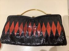 Vintage Snakeskin Leather Handbag Clutch Evening Bag Jane Shilton Black & Red
