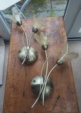 Pair Of Antique Brass Twin Arm Wall Lights With Amber Petal Glass Shades + Bulbs