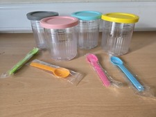 4-Pack Ice Cream Tubs AND 4 COLOURFUL SPOONS Reusable Freezer