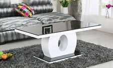 Coffee Table Black Glass Top Black Glass Base White Round Frame White Edge Gloss