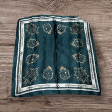 Vintage Retro Square Scarf Neck Tie Top Dark Green White Gold