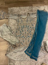 asian wedding outfit, heavy embroidered blue and grey 