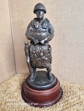 Bronzed Resin Paratrooper with Parachute and Equipment On wooden stand