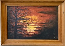 Oil Painting Landscape IN Evening Light Hr Monogram Old Wood Picture Frame