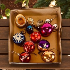 Vintage Retro Glitter Glass Christmas Baubles Boxed 11pcs Mixed Job Lot