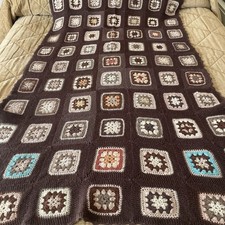 Hand Crocheted Brown Vintage Granny Squares Blanket Throw Bedspread 90x190cms