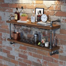 Industrial Style Home Bar Counter Dark Oak Double Shelf Wooden Drinks Unit 