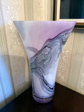 Large hand blown art, glass vase, purple white grey black swirly pattern
