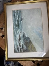 Painting Of Boat Near Rocks In Ocean