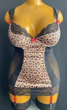 Lovehoney Suspender Cami, Leopard Print, Black Sheer Mesh & Lace, UK 1X/2X
