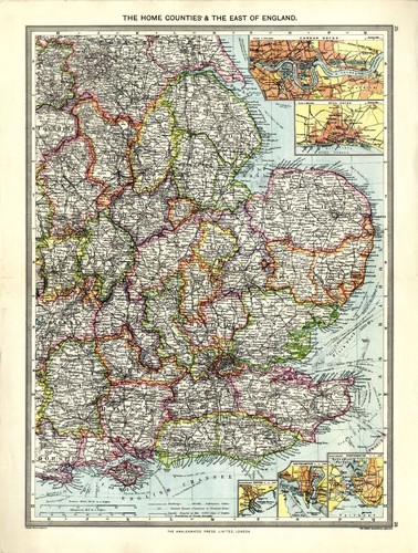 1905 antique map england east - antique,